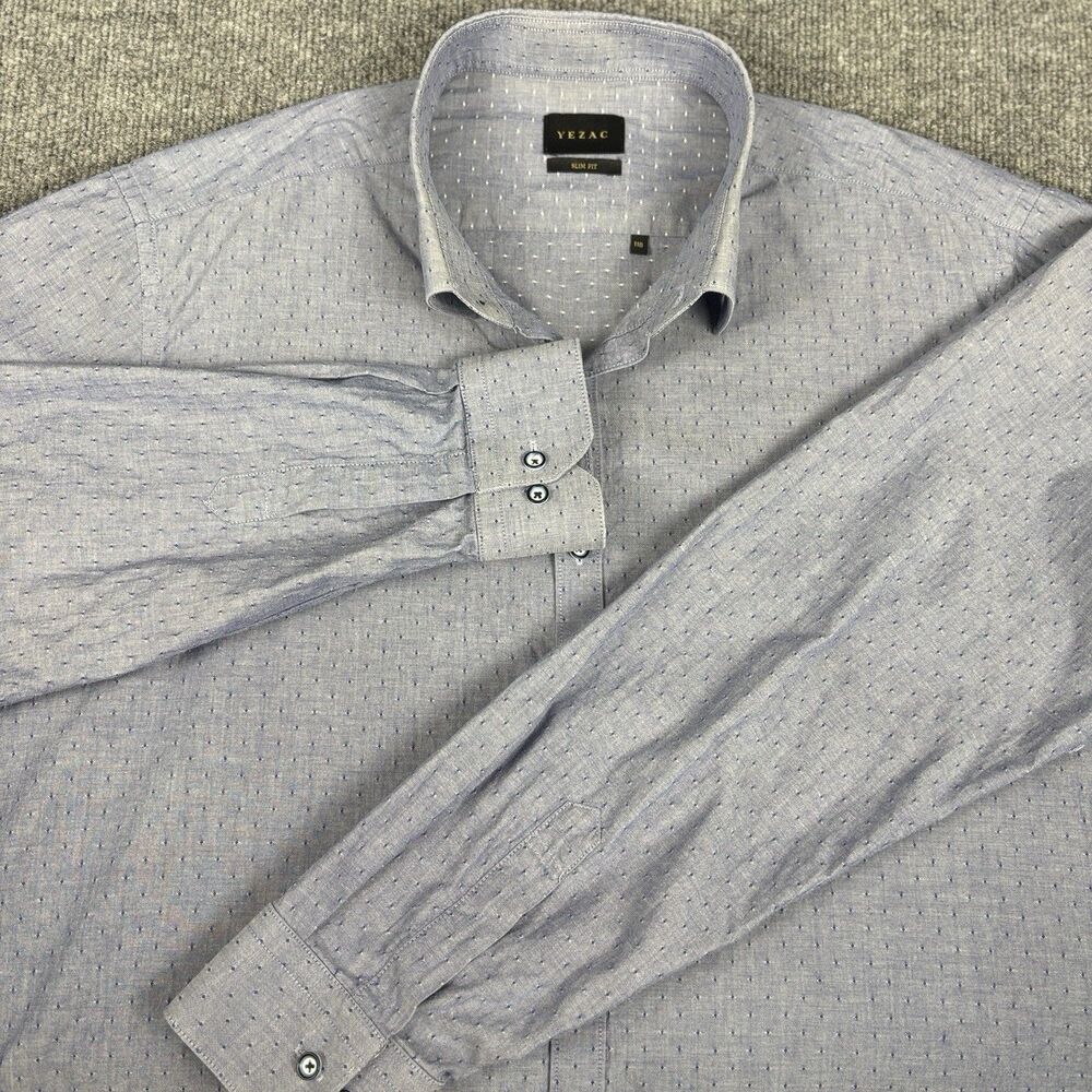 YEZAC Mens 110 L/XL Slim Fit Blue Dobby Dot Dress Shirt Korean Chambray